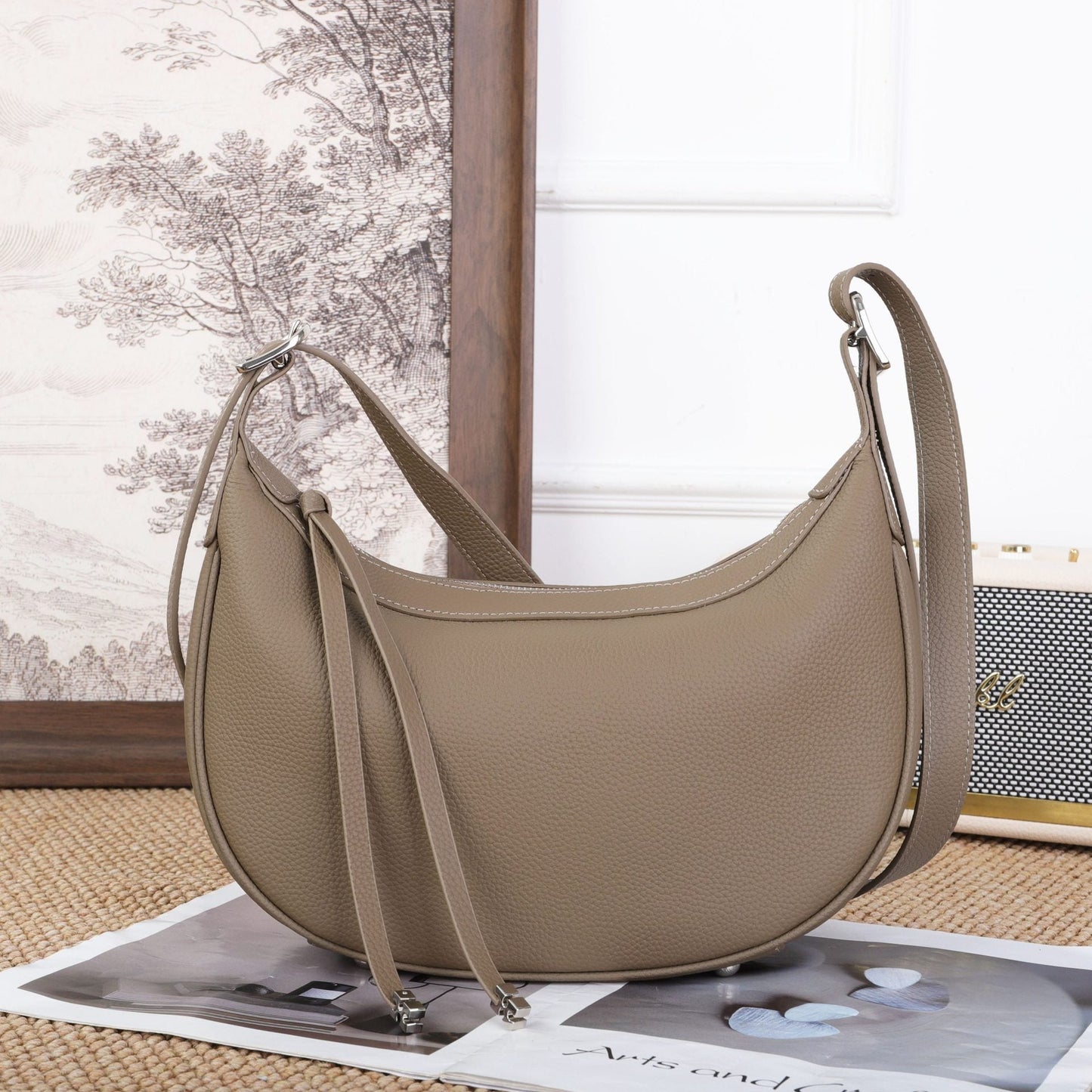 Cross-border Fashion Minimalist Top-grain Leather Dumpling Bag, Genuine Leather Women's Bag, Light Luxury Shoulder And Crossbody Half-moon Underarm Bag