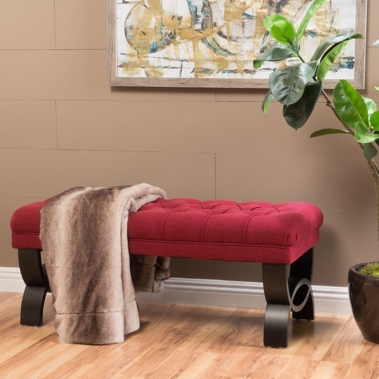 Ottoman Bench Button Tufting Half-Circle Legs, Red Fabric, 41x17x16.75