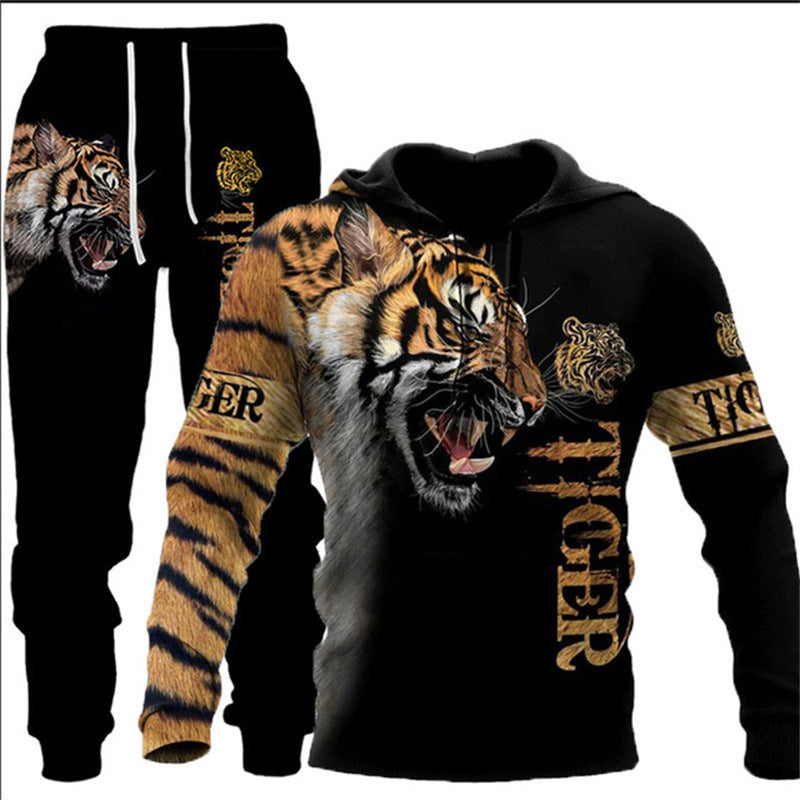 Animal-print Hooded Pullover Sweatshirt And Menswomens Sportswear Set