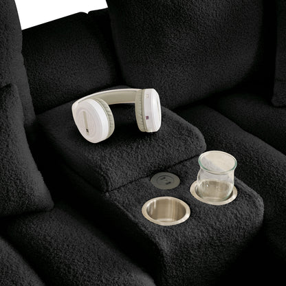 Sectional Sofa Teddy Fabric Black Console USB Cup Holder 3 Seat 330 LB