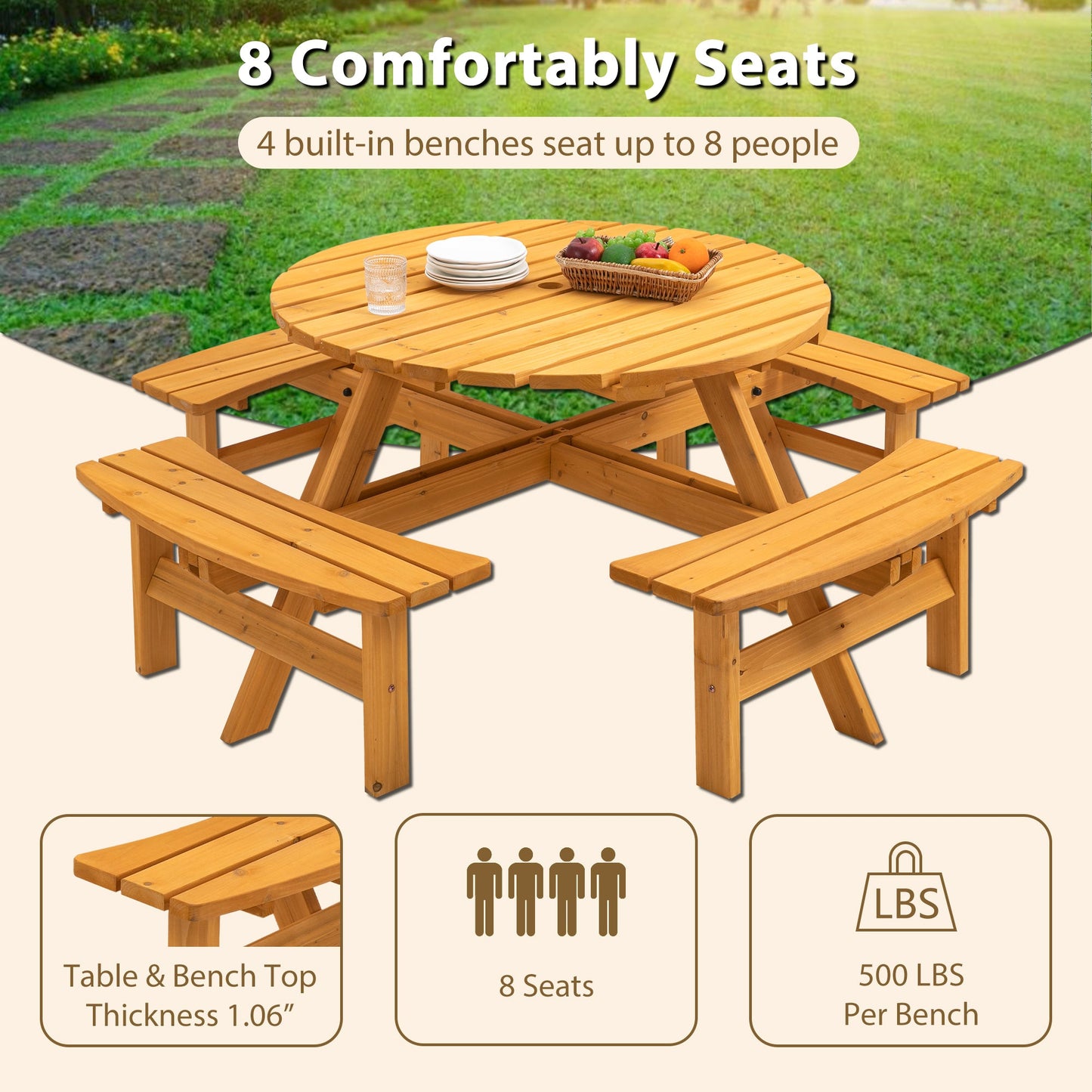 Outdoor Picnic Table Round Fir Wood 8-Person 43 In Umbrella Hole