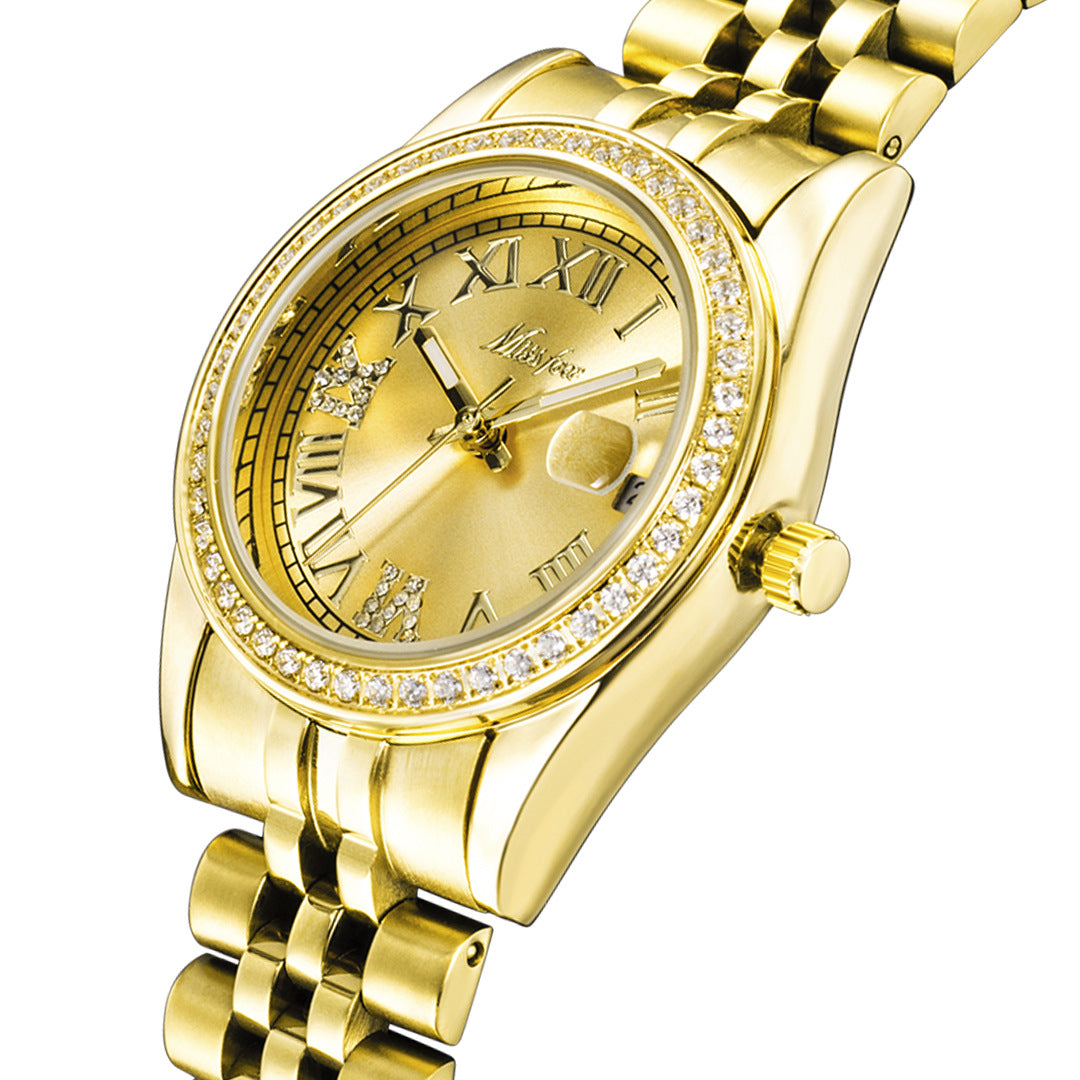 Womens Stylish Minimalist Elegant Luminous Stainless-steel Watch With Diamond Accents