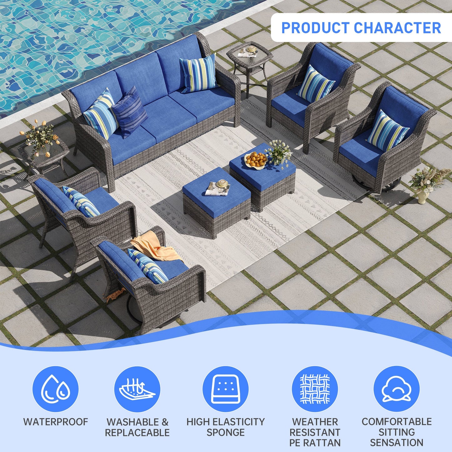 Outdoor Patio Set PE Rattan Swivel Chairs Gray Blue Footstools