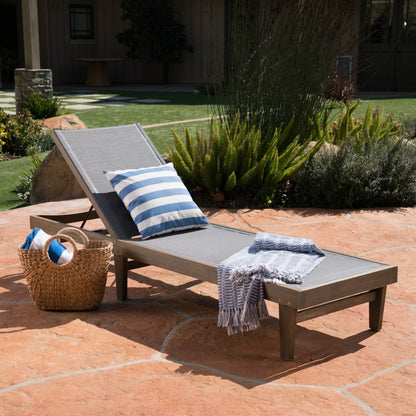 Outdoor Acacia Wood Chaise Lounge Gray Mesh 78.25x24