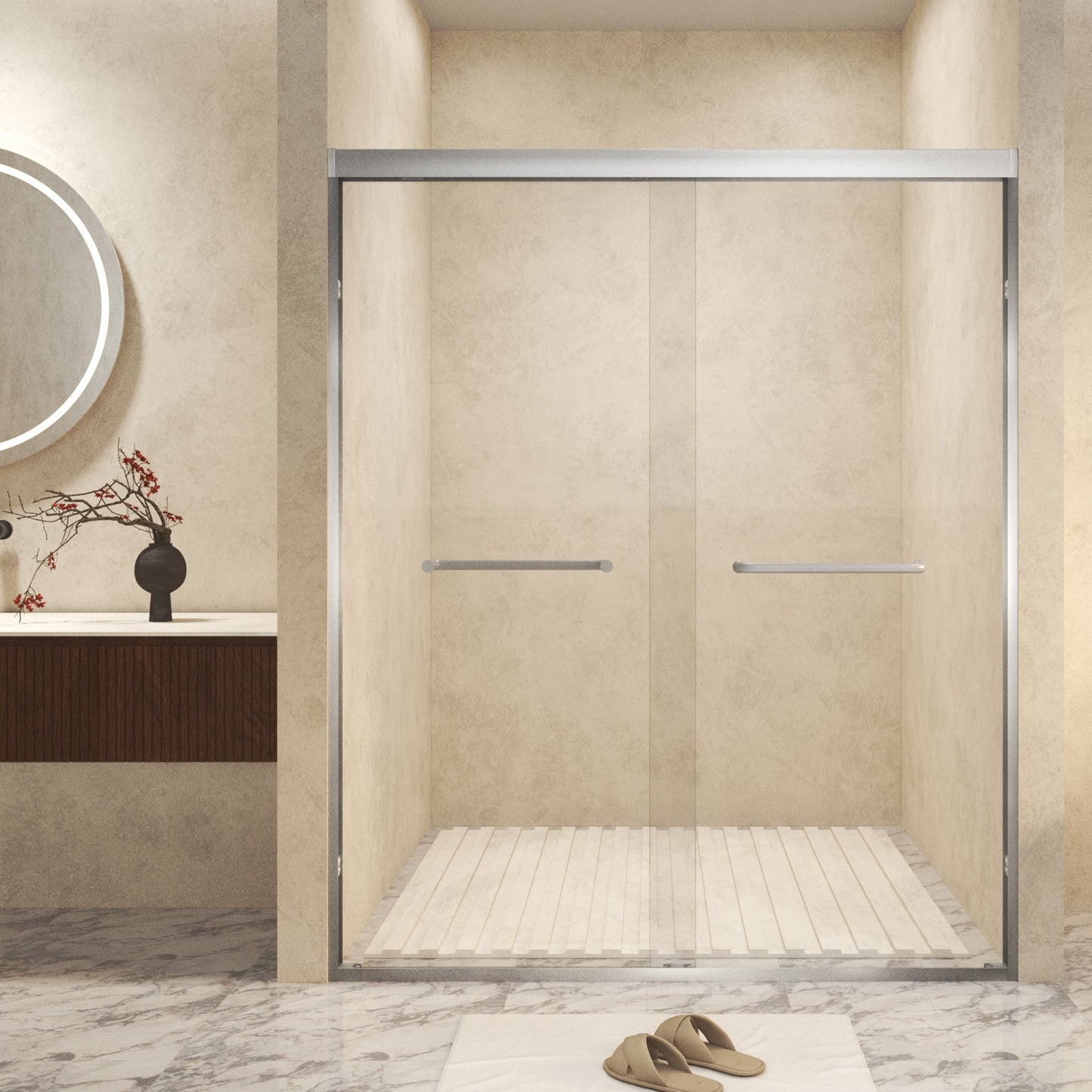 56-60in x 72in Aluminum Frame Double Sliding Shower Door, Brushed Nickel, 6mm
