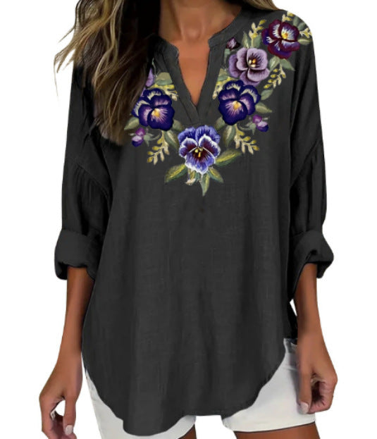 Womens Fashion Floral Print V-Neck Long-Sleeve T-Shirt