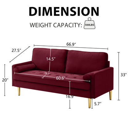 Sofa Minimalist Velvet Red Gold Metal Legs 2 Seat 65 In 800 LB