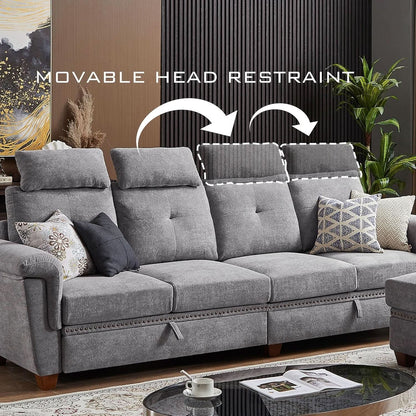 Light Grey Microfiber Sectional Sofa With Storage Ottoman