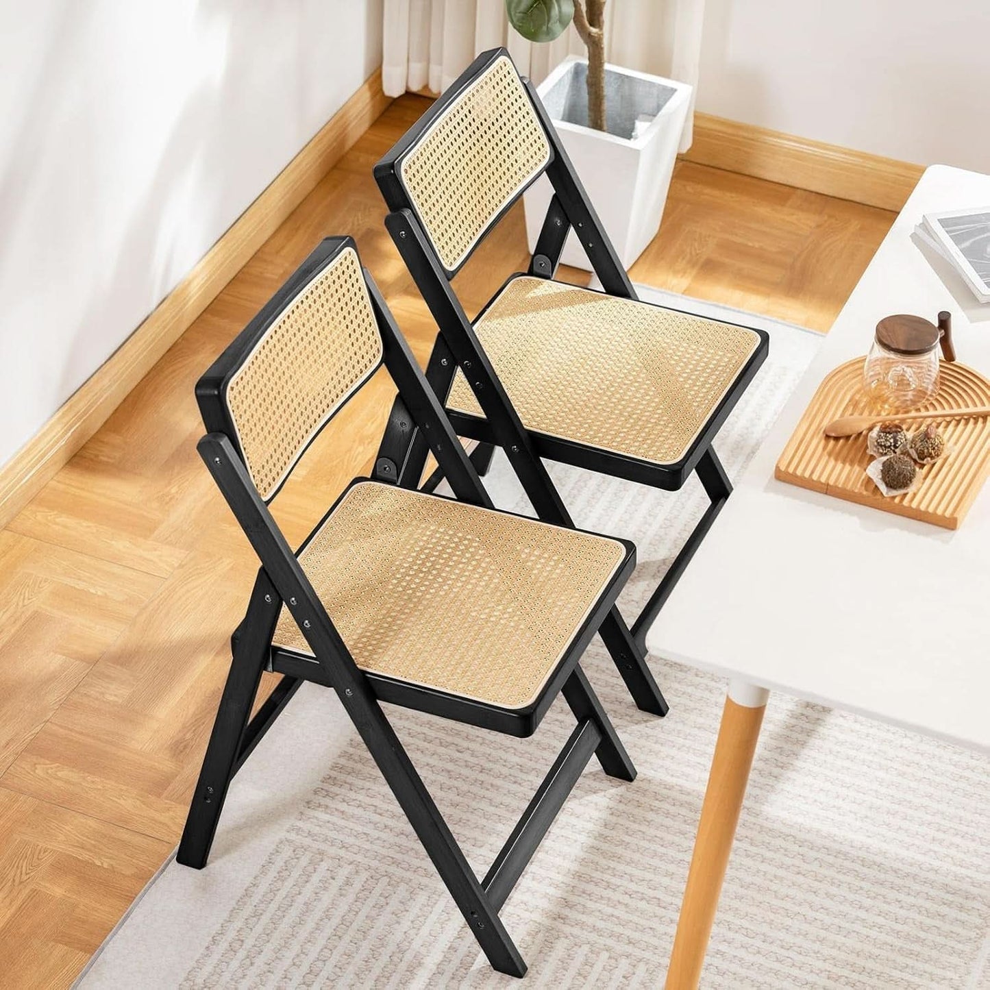 Rattan Folding Dining Chairs Set Of 2 Black Mid Century