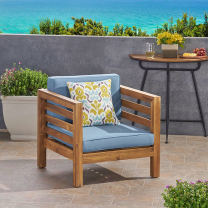 Outdoor Club Chair, Acacia Wood Patio Chair with Fabric Cushion, Teak Frame Blue Cushion