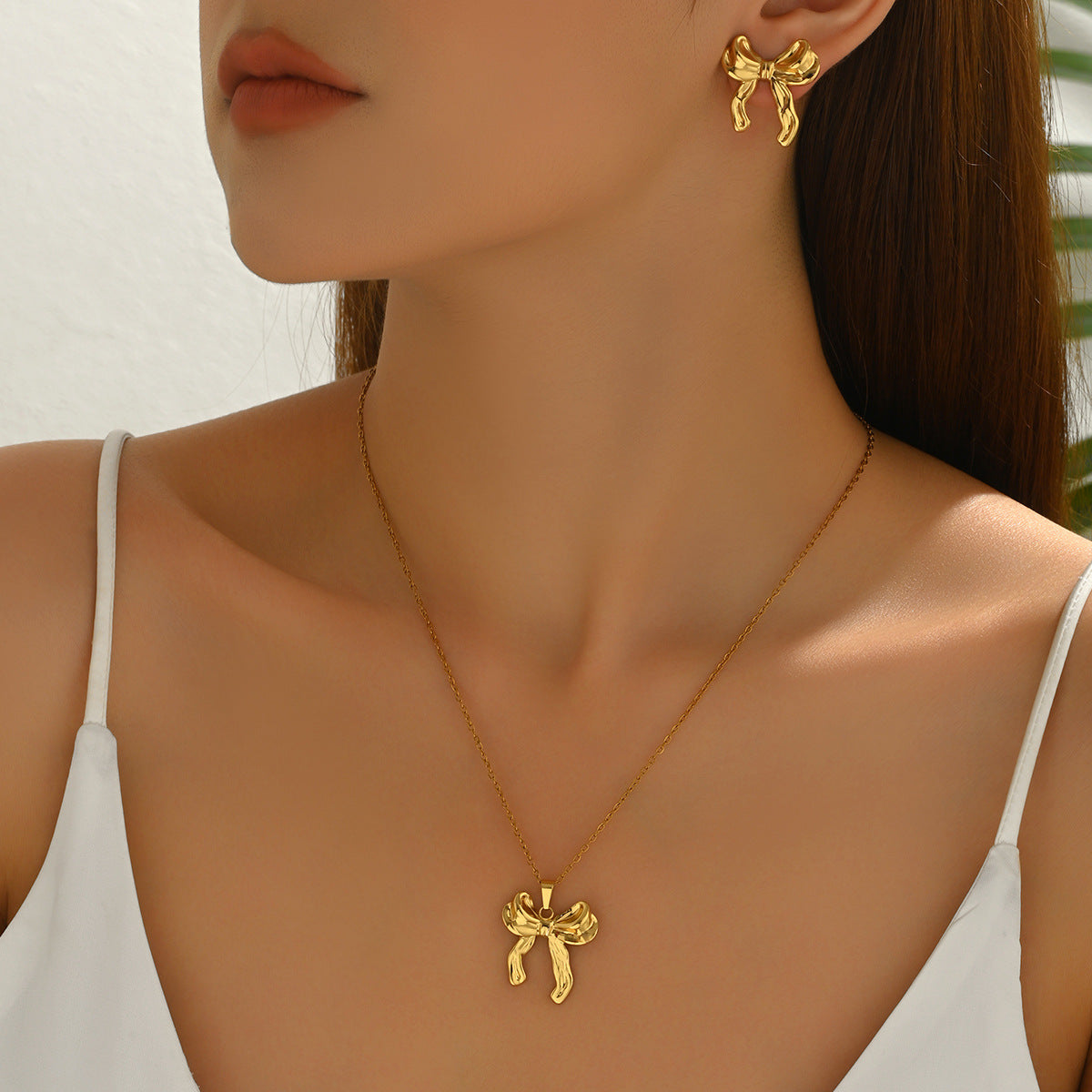 Hot Selling Cross-border European American Women Jewelry Set, Geometric Bow Design Pendant Necklace & Matching Earrings, Versatile Daily Accessories For Ladies