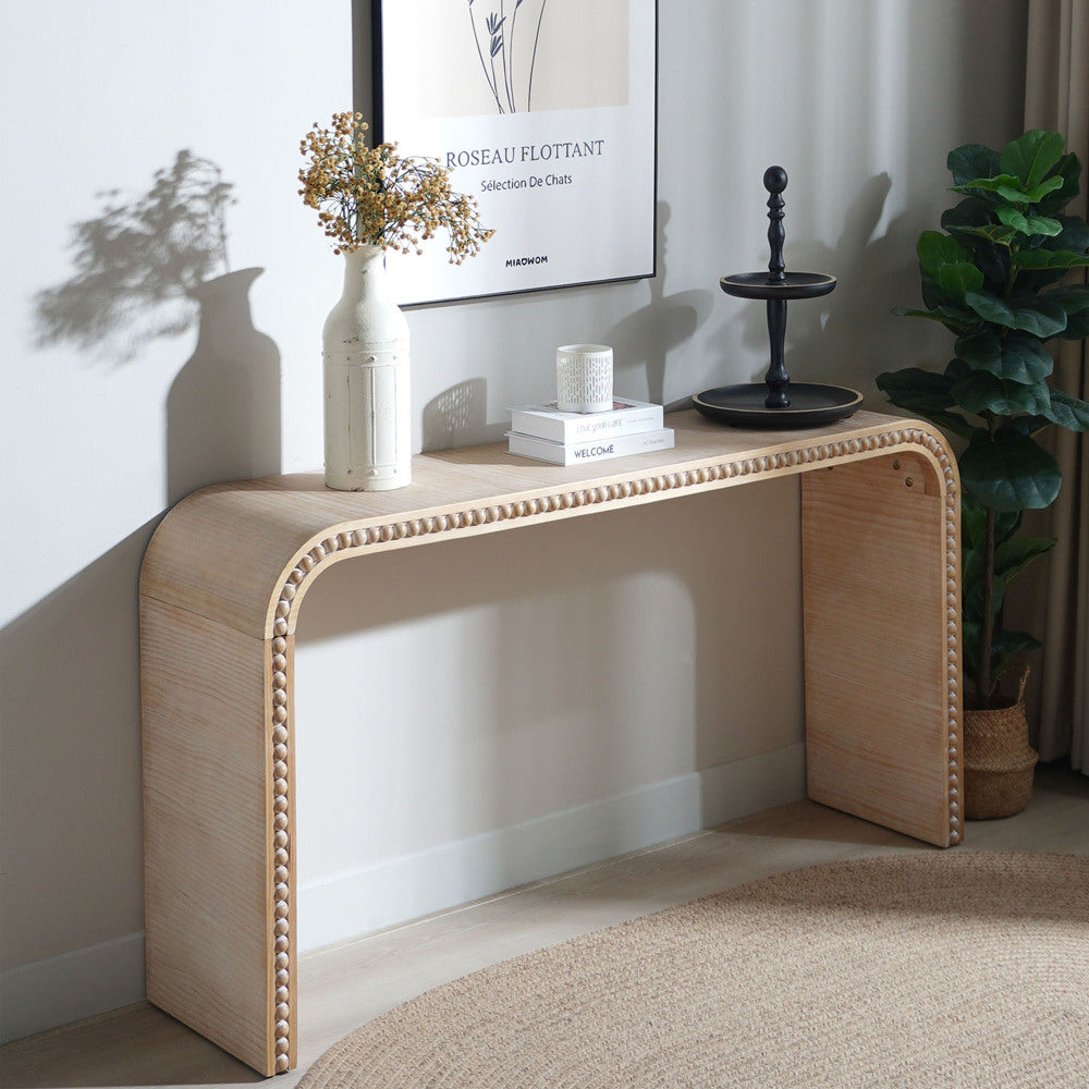 Waterfall Console Table with Wood Bead Trim 59" Curved Entryway Sofa Table Natural Wood Finish