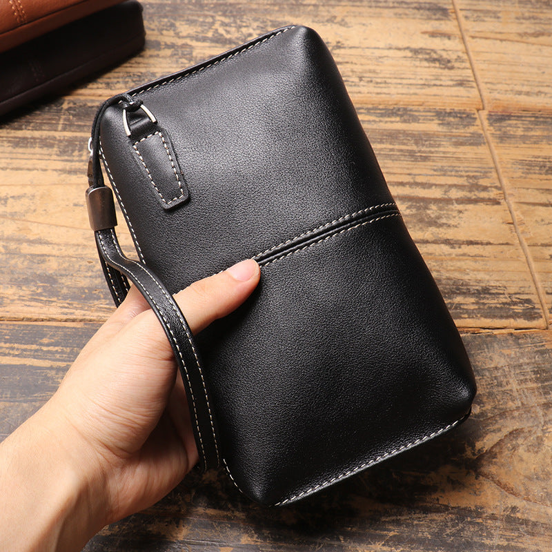 New Mens Genuine Leather Clutch, Soft Leather Long Wallet With Zipper