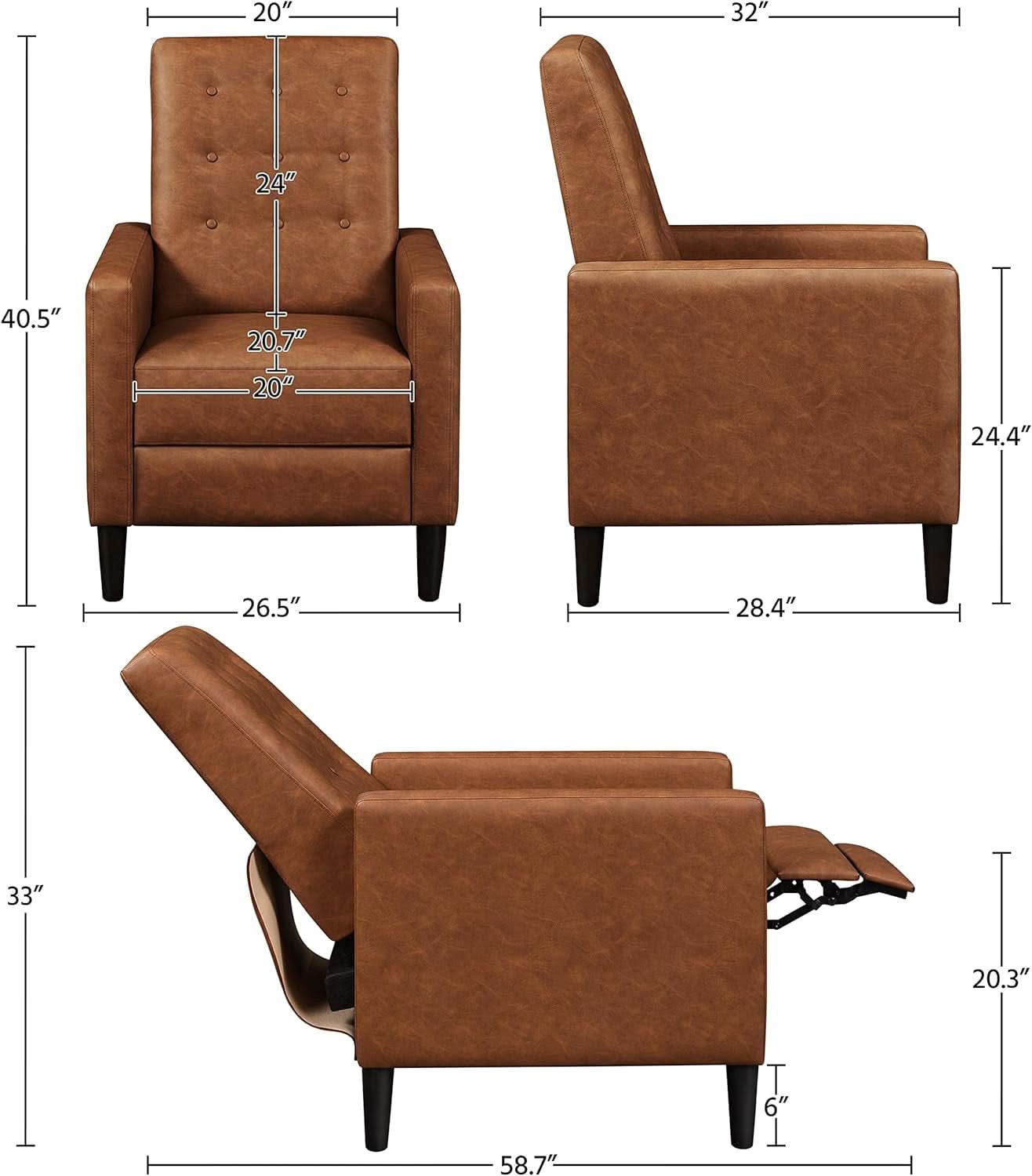 Brown Faux Leather Recliner Sofa Adjustable Back Footrest