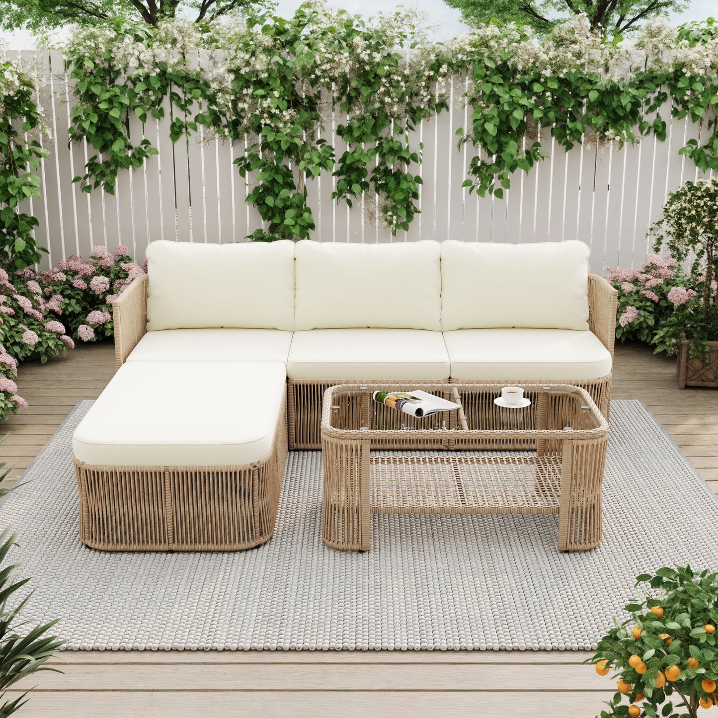 Outdoor Patio Set PE Rattan Iron Dark Beige Modular Glass Table