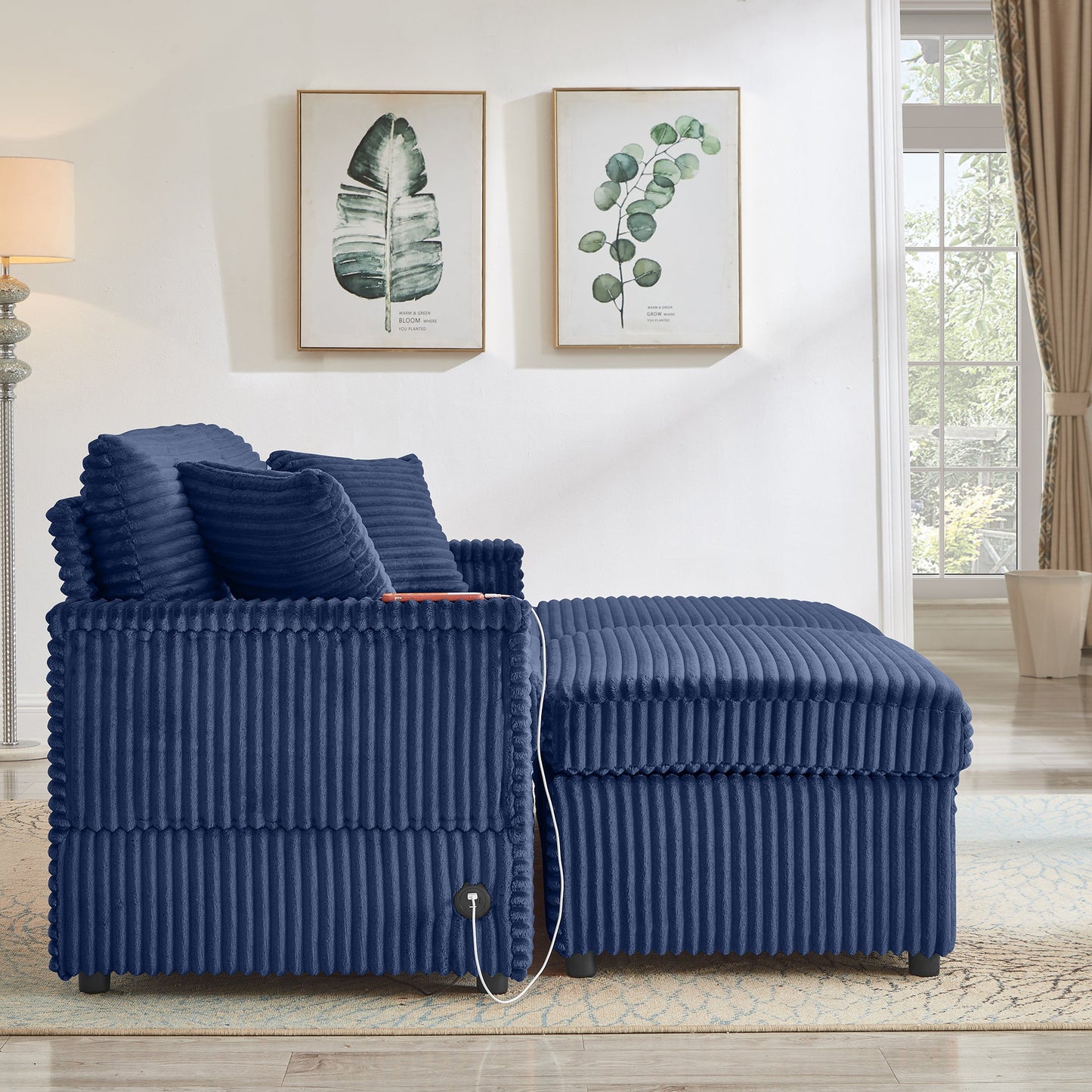Convertable Loveseat L-Shape Corduroy Blue Storage Chaise 2 Ottomans USB 69 In