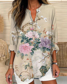 Womens Fashion Floral Print V-Neck Long-Sleeve T-Shirt