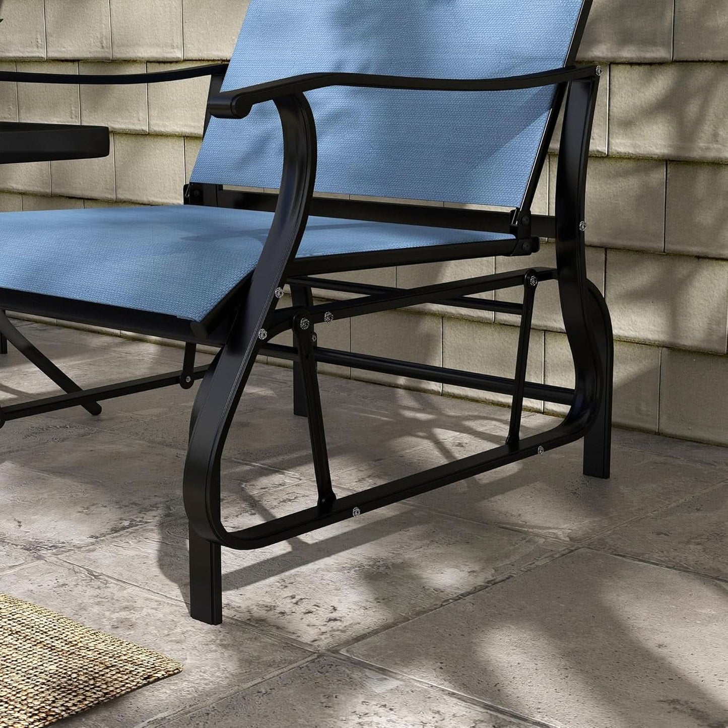 Light Blue Outdoor Glider Set With Steel Frame Glass Table