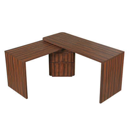 90' Modern L Shaped Desk in Walnut with 3 Drawers,360deg Wood Rotating Desk,Exe...