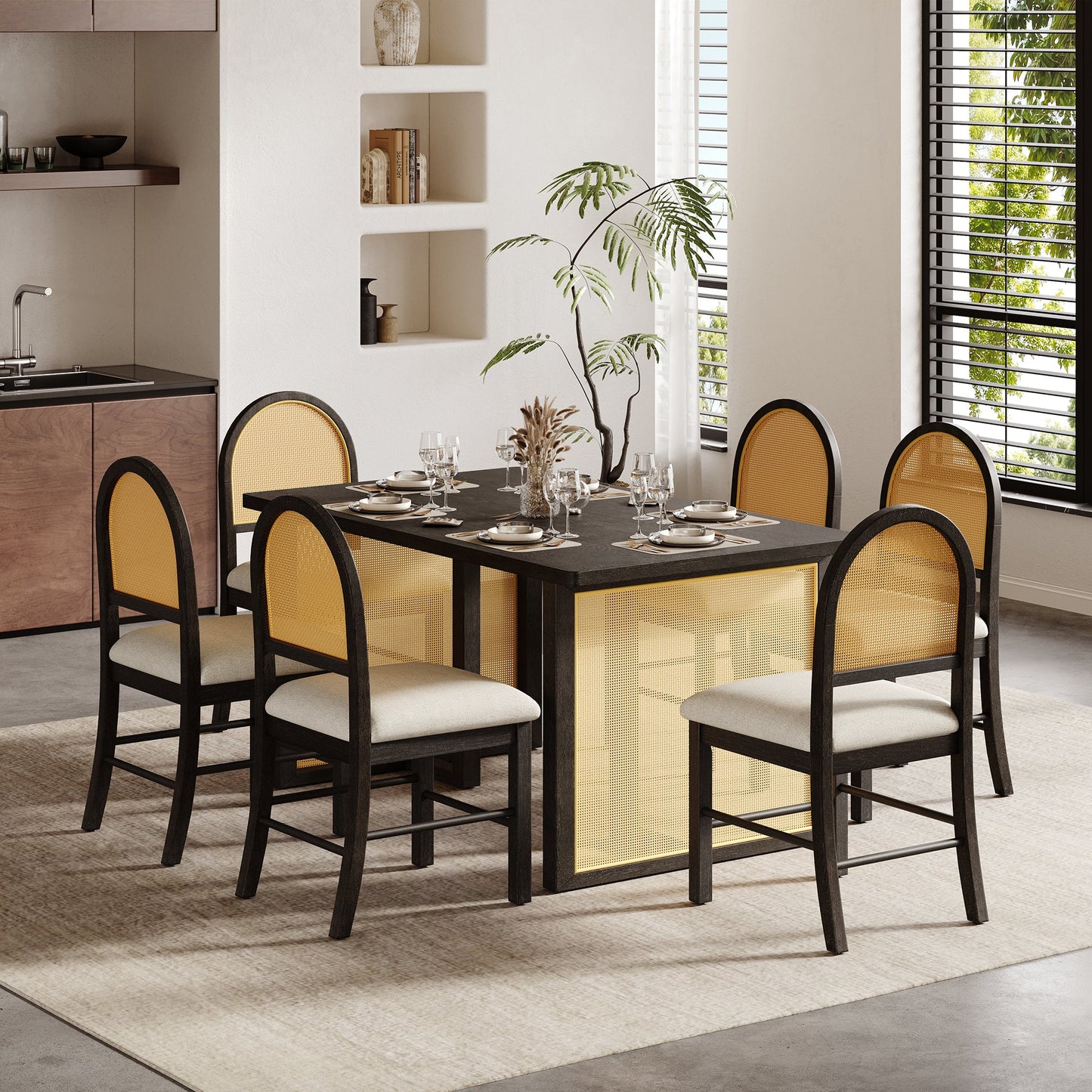 7-Piece Farmhouse Dining Table Set for 6, 59.8 in Rectangular Table with Rattan Chairs