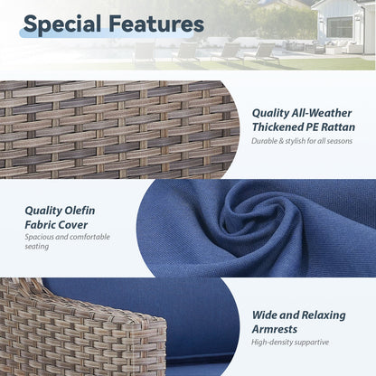 73.2 in Outdoor Patio Sofa, 3-Seat Gray Rattan Couch with Blue Cushions