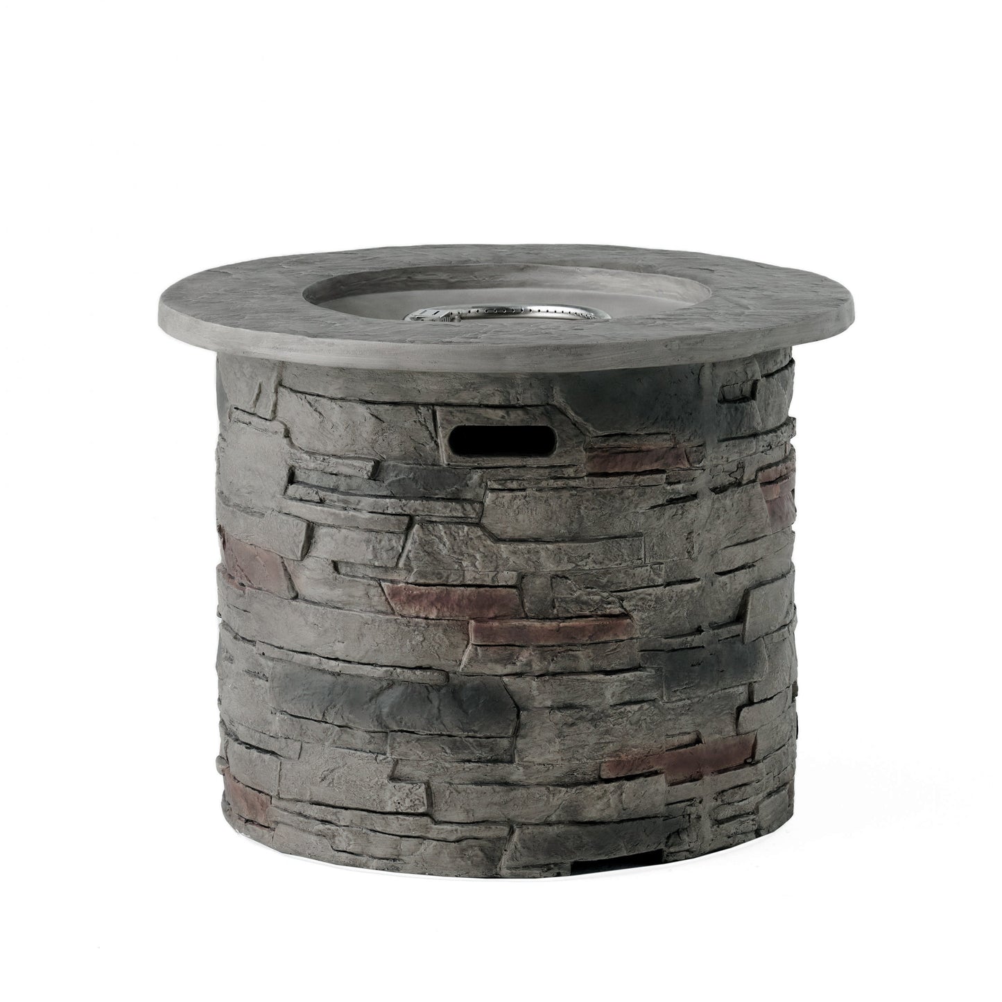 Transitional Outdoor 32 Inch Round MGO Propane Fire Pit Table, Stone Gray
