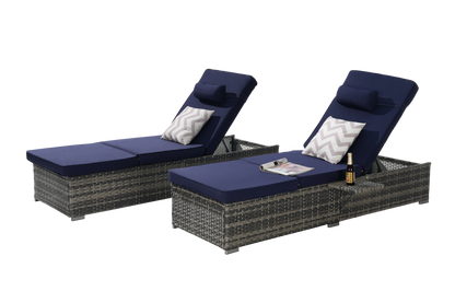 Outdoor Chaise Lounge Chair Set of 2, Rattan Storage Patio Pool Chairs with Cushion