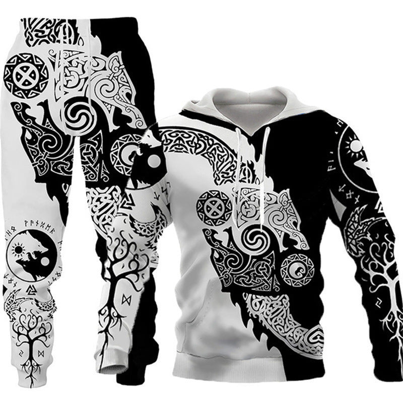 Animal-print Hooded Pullover Sweatshirt And Menswomens Sportswear Set
