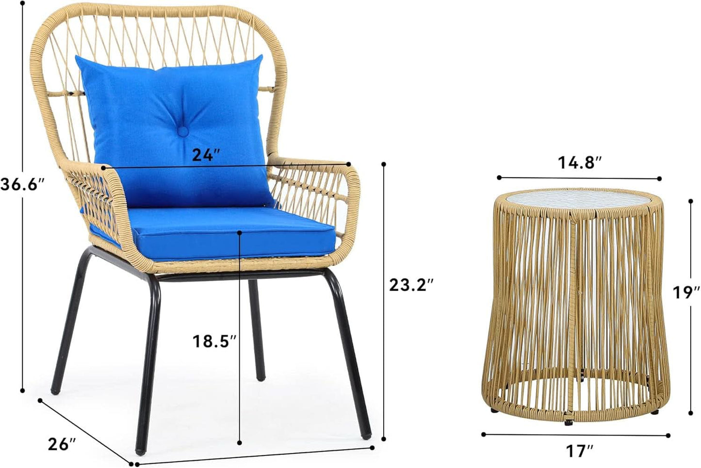 Outdoor Wicker Patio Bistro Set 3 Piece With Glass Table