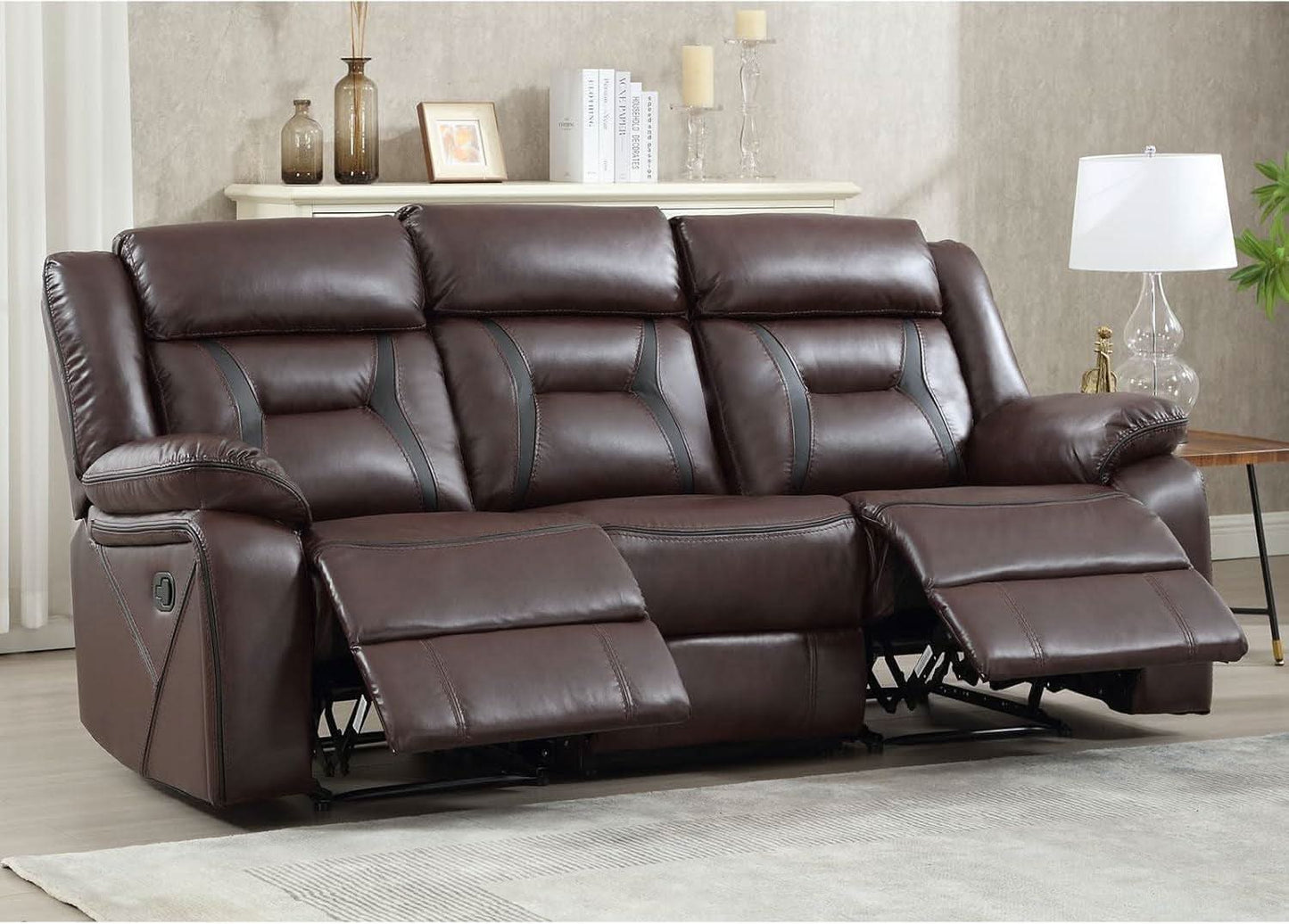 Three Seat Manual Reclining Sofa Dark Brown Faux Leather