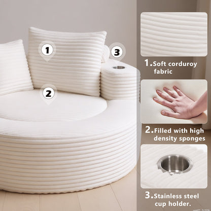 Sofa Round Memory Foam Velvet White with Cup Holder 55 In