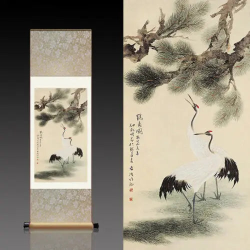 Chinese Silk Scroll Painting – Pine & Crane Wall Hanging