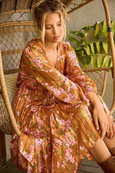Flower Print Satin Lurex Stripe Smocked Midi Summer Dress – Elegant Midi Dress, Satin Lurex Dress, Floral Dress, Smocked Waist Dress, Romantic Midi Dress, Special Occasion Dress