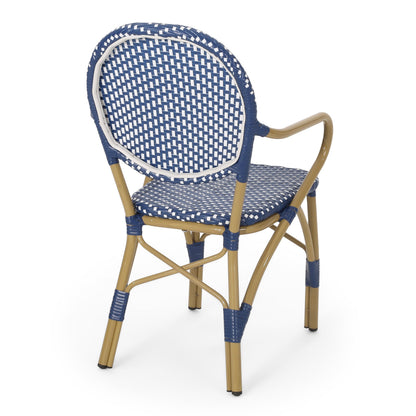 Outdoor PE Rattan and Aluminum 3 Piece French Bistro Set, Dark Teal & White,