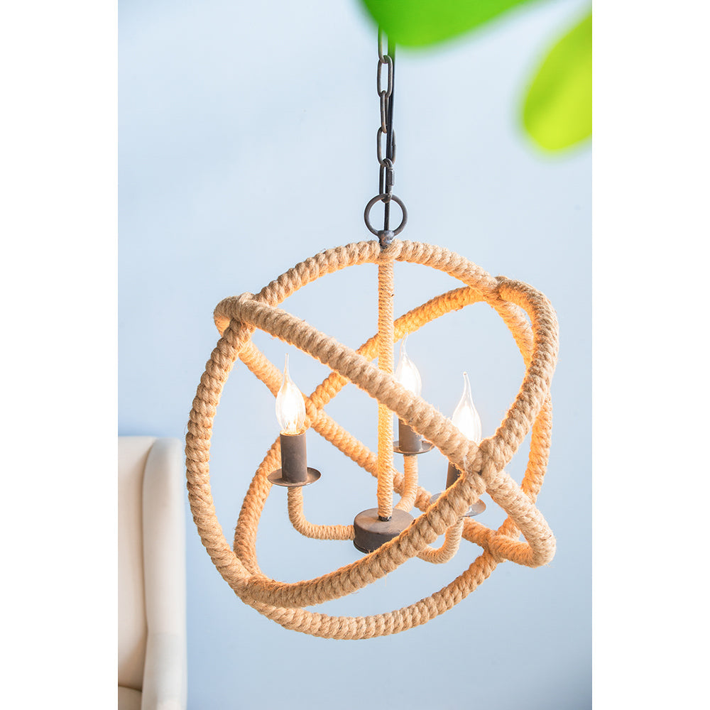 Chandelier 3-Light Farmhouse Rope Globe Hanging Adjustable Chain