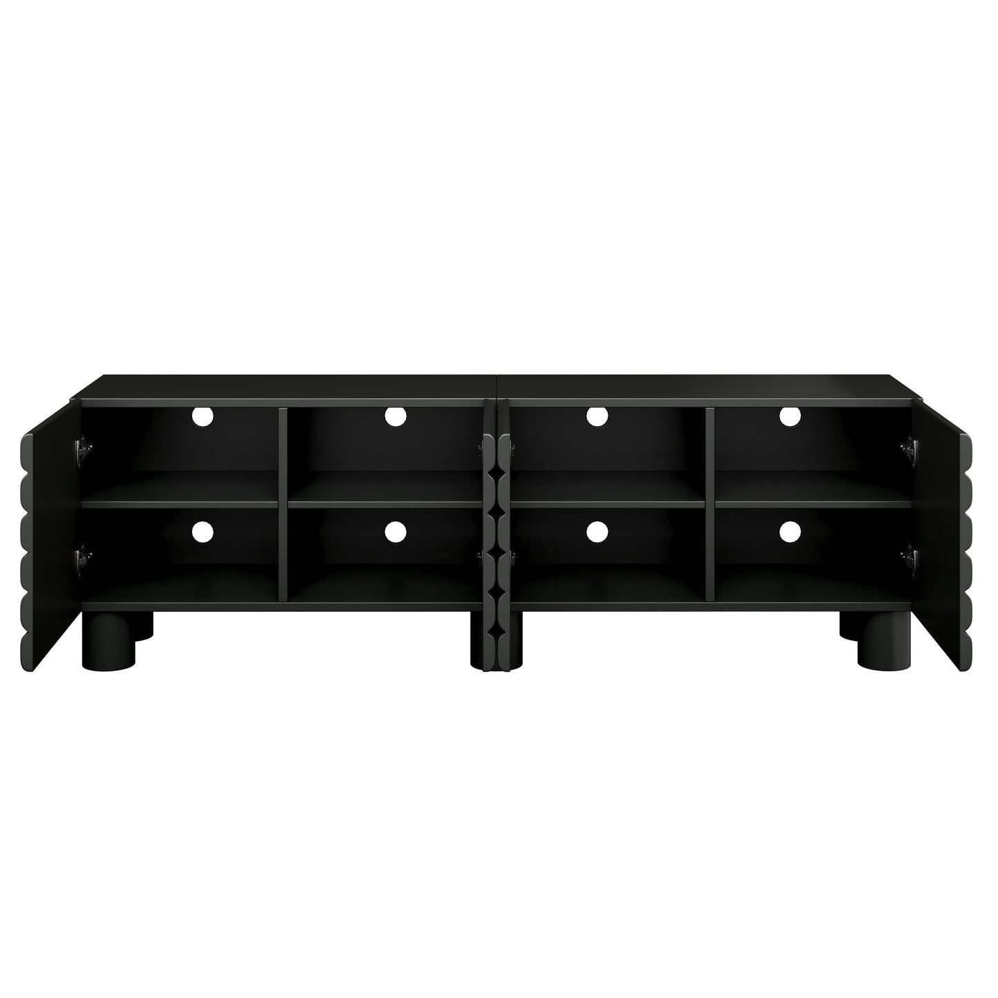 TV Stand Wavy Door Black MDF 4-Cabinet Cylindrical Legs Fits 70 In TV