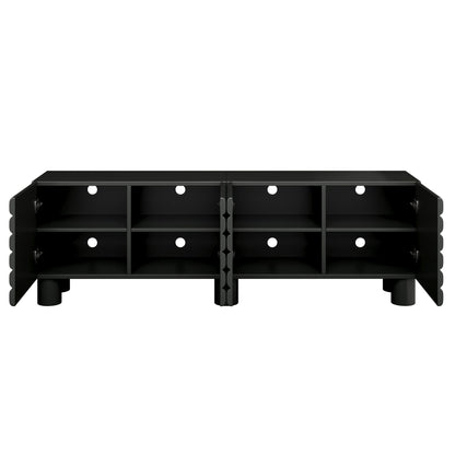 TV Stand Wavy Door Black MDF 4-Cabinet Cylindrical Legs Fits 70 In TV