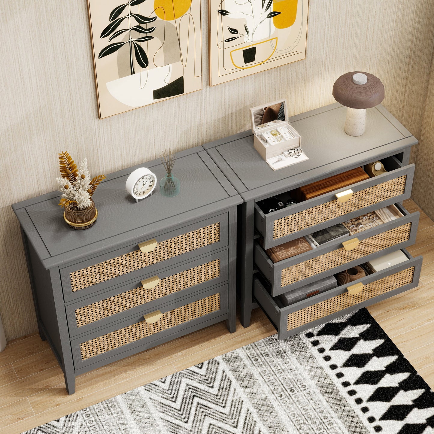 3-Drawer Cabinet - Natural Rattan - Suitable for Bedroom, Living Room, or Study