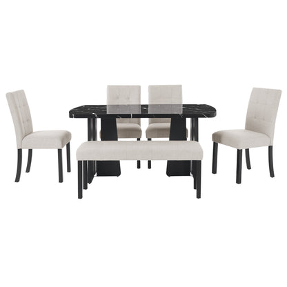 6 Piece Modern Dining Table Set, 63' Faux Marble Dining Table with Geometric