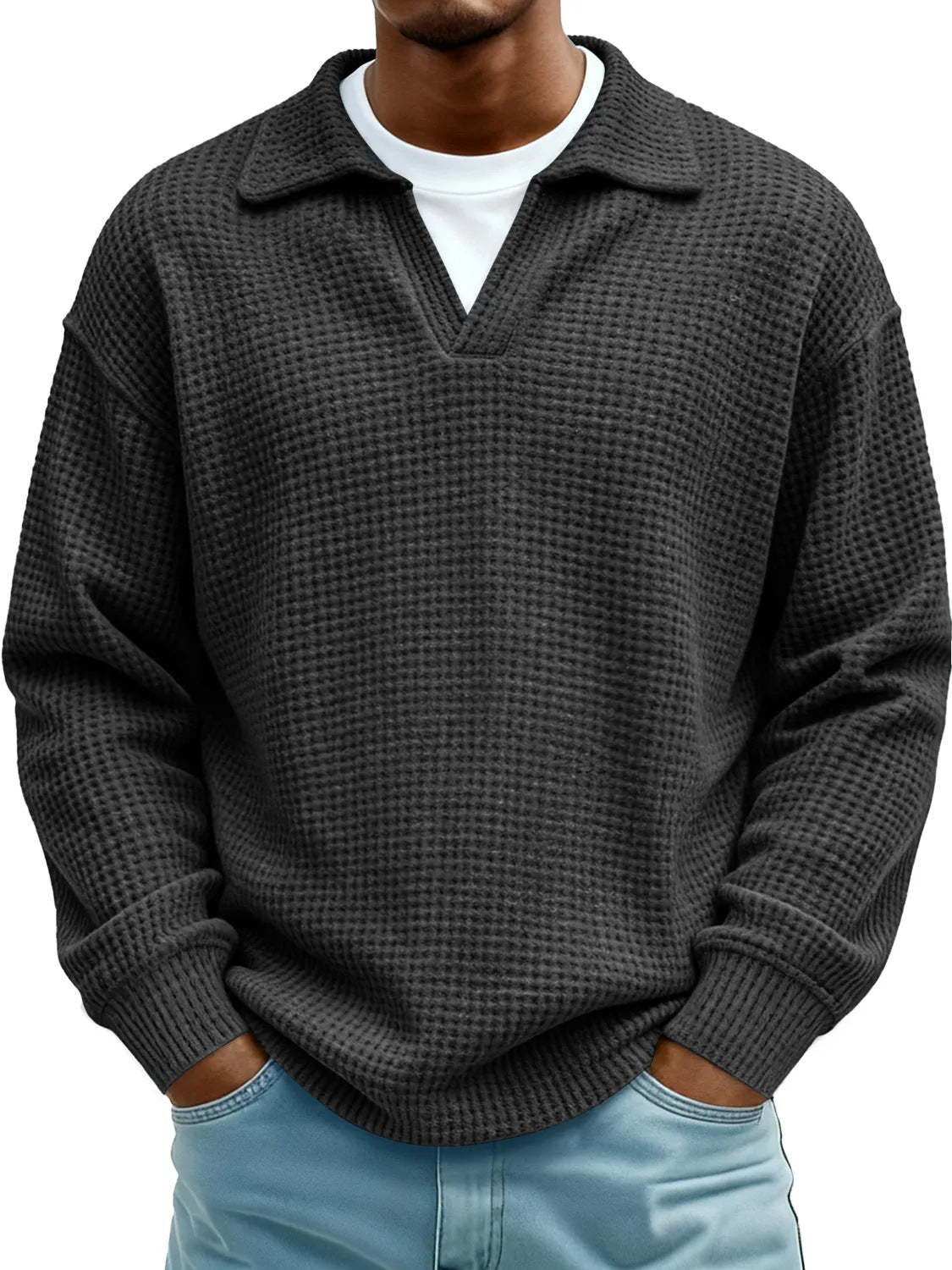 Waffle-Paneled Polo Shirt Mens Lapel Knitwear