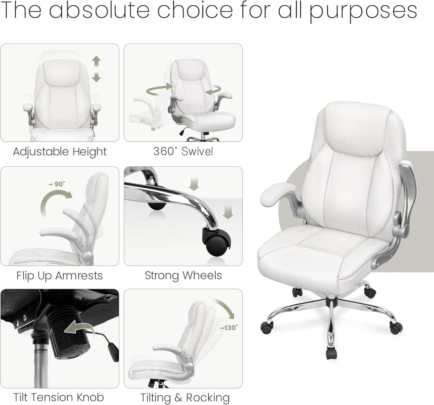 White Ergonomic Office Chair With Lumbar Support Adjustable