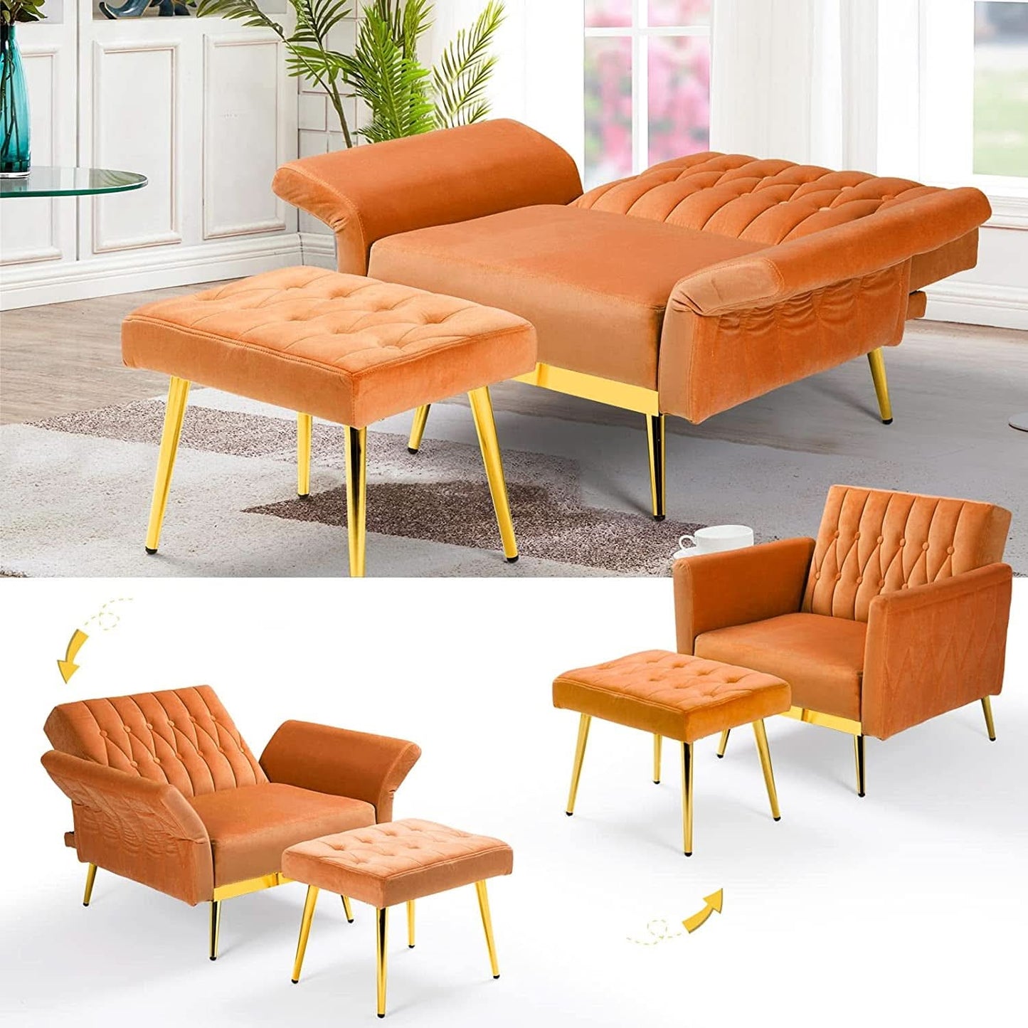 Orange Velvet Accent Chair With Adjustable Armrests And Backrest