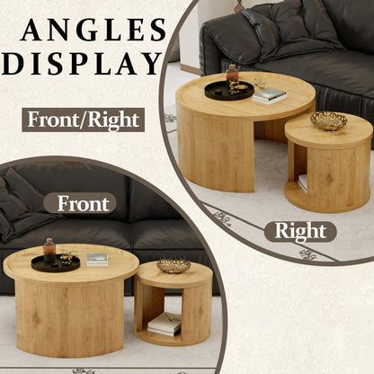 Round Nesting Coffee Table Set of 2, 31.5 and 18 in, Wood Top, Living Room