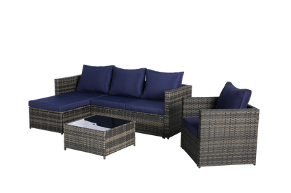 Outdoor Sectional Set PE Rattan Steel Dark Blue 4 Piece Seats 6 380 LB