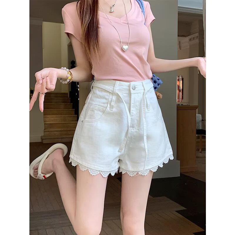 Plus-size Lace-trimmed High-waisted Denim Shorts