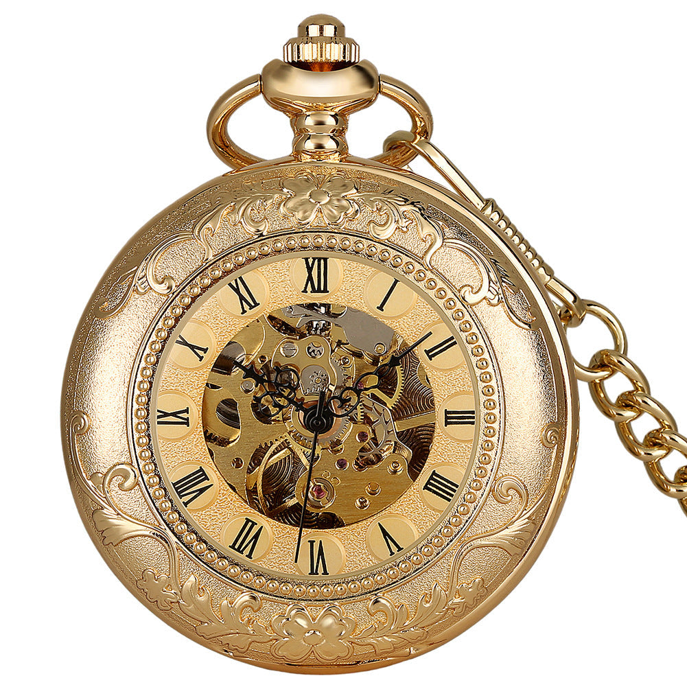 Retro Gold Hollow Out Roman Manual Mechanical Large Pocket Watch Chain Watch