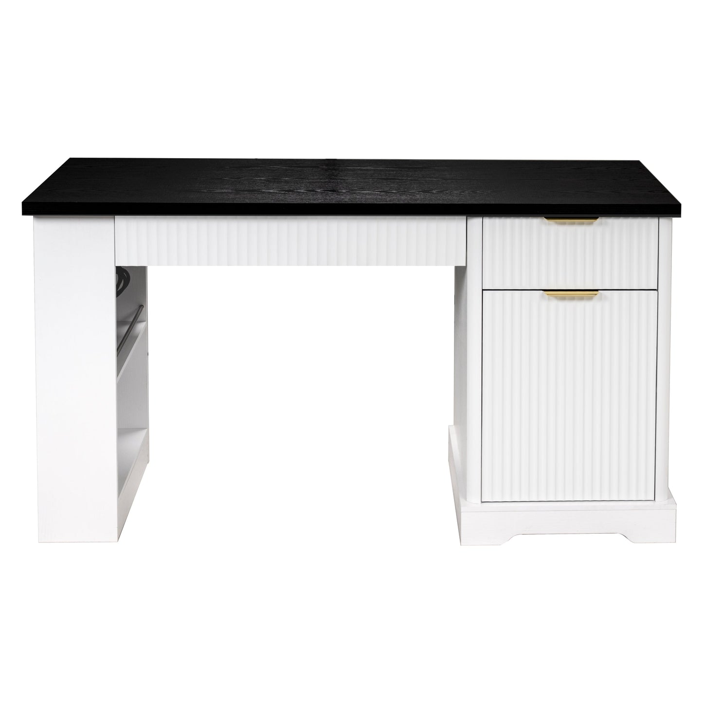55' Modern Fluted Office Desk with Storage Cabinet and Drawers, Computer Writ...