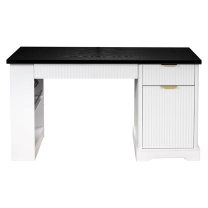 55' Modern Fluted Office Desk with Storage Cabinet and Drawers, Computer Writ...
