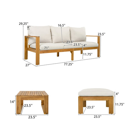 Outdoor Patio Set Acacia Wood Teak Beige Gray 3 Piece Sofa Ottoman