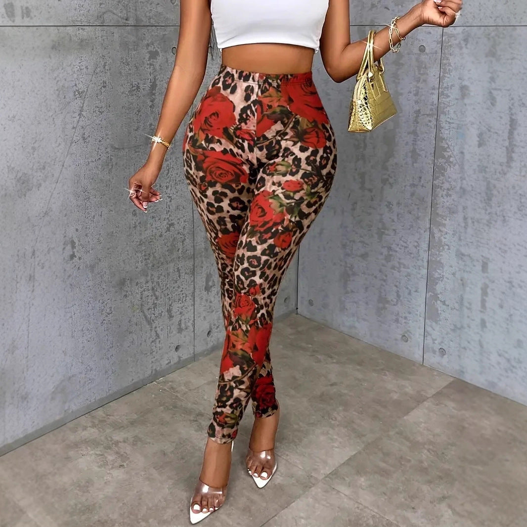 Womens Floral Print Stretchy Waist Leggings